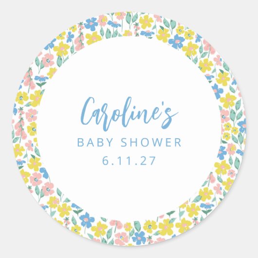 Boho Blauw Geel Ditsy Bloemen Aangepast Baby showe Ronde Sticker (Voorkant)