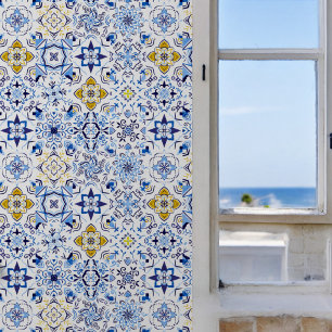 Boho Blauw Geel Mediterraan Stijlpatroon Behang