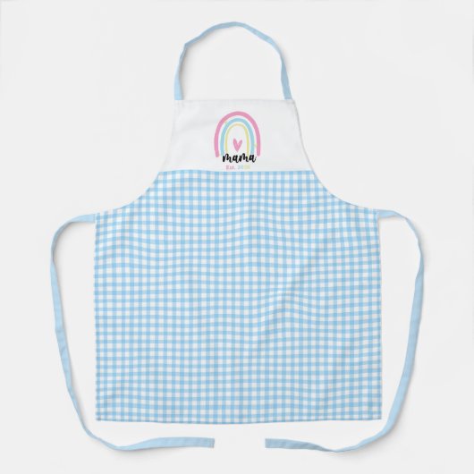 Boho Blauw Gingham Custom Mama Oprichtingsjaar aan Schort (Voorkant)