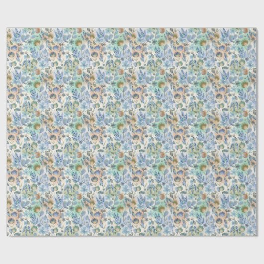 Boho Blauw Groen Fantasievol Bloemmotief Botanisch Cadeaupapier (Vlak)