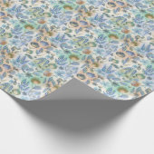 Boho Blauw Groen Fantasievol Bloemmotief Botanisch Cadeaupapier (Hoek)