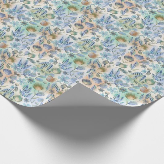 Boho Blauw Groen Fantasievol Bloemmotief Botanisch Cadeaupapier (Hoek)