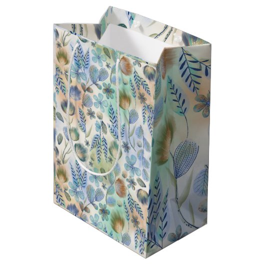 Boho Blauw Groen Fantasievol Bloemmotief Botanisch Medium Cadeauzakje (Achterkant Gekanteld)