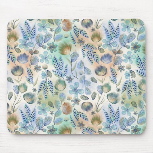 Boho Blauw Groen Whimsical Bloem Botanisch Muismat (Voorkant)