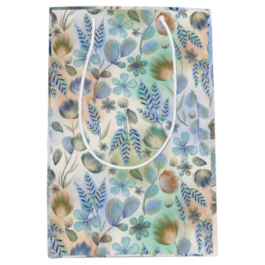 Boho Blauw Groen Whimsisch Bloemrijk Botanisch   Medium Cadeauzakje (Voorkant)