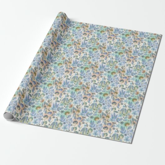 Boho Blauw Groen Wizige Bloemige Botanische  Cadeaupapier (Uitgerold)