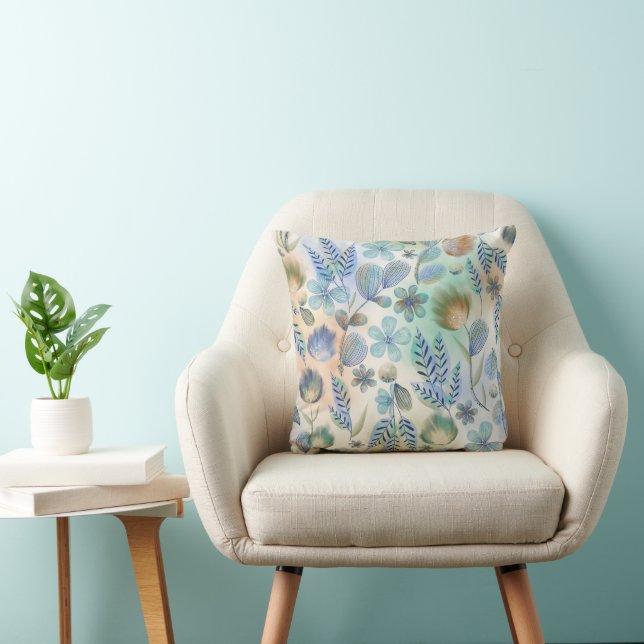 Boho Blauw Groene Whimsical Bloemige Botanische Kussen (Stoel)