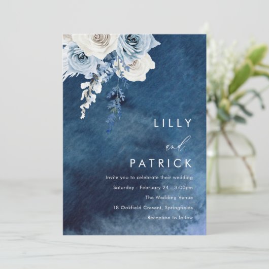 Boho Blauw Navy Waterverf Spetterende Trouwdag Kaart (Staand voorkant)