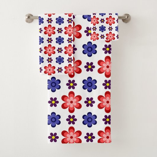 Boho Blauw Paarse Rode Bloemen Bad Handdoek Set (Insitu)