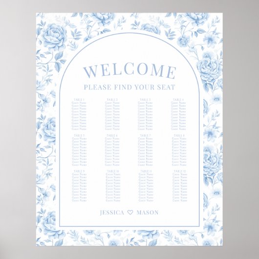 Boho Blauw Porselein Bloemen Bruiloft Zitkaarten Poster (Voorkant)