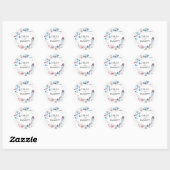 Boho Blauw Roze Bloemen en Veer Bruiloft Favor Ronde Sticker (Vel)