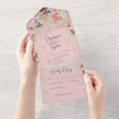 Boho Blauw & Roze Bloemen Roze Geen Diner All In One Uitnodiging (Afscheurbaar)