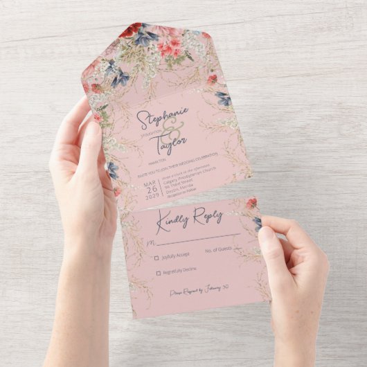 Boho Blauw & Roze Bloemen Roze Geen Diner All In One Uitnodiging (Afscheurbaar)