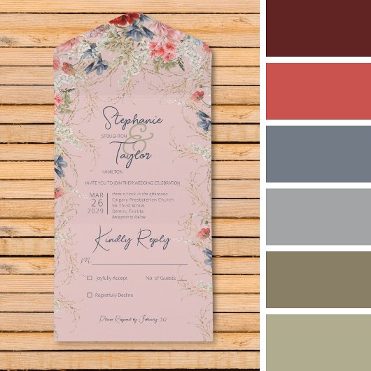 Boho Blauw & Roze Bloemen Roze Geen Diner All In One Uitnodiging