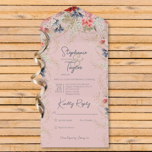 Boho Blauw & Roze Bloemen Roze Geen Diner All In One Uitnodiging