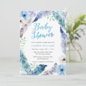 Boho blauw veren Baby shower uitnodiging (Staand voorkant)
