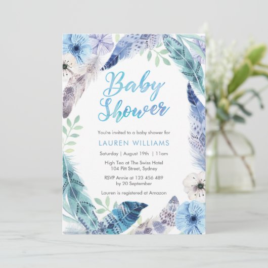 Boho blauw veren Baby shower uitnodiging (Staand voorkant)