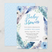 Boho blauw veren Baby shower uitnodiging (Voorkant / Achterkant)