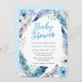 Boho blauw veren Baby shower uitnodiging