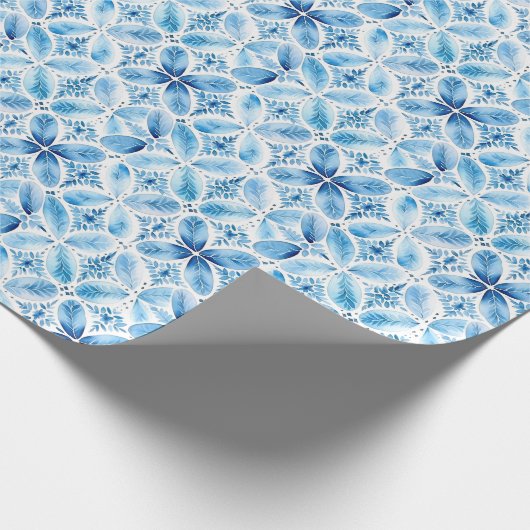 Boho Blauw Wit Bloemen Abstract Cadeaupapier (Hoek)