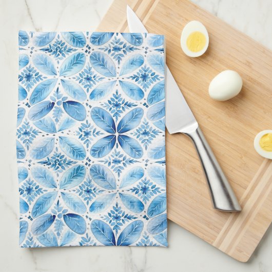 Boho Blauw Wit Bloemen Abstract Theedoek (Quarter Fold)