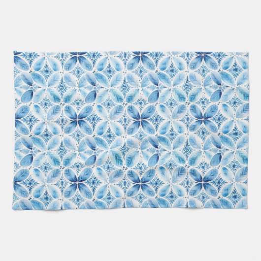 Boho Blauw Wit Bloemen Abstract Theedoek (Horizontaal)