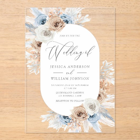 Boho Blauw Wit Bloemen Acryl Huwelijksuitnodiging Acryl Uitnodigingen (Voorkant)