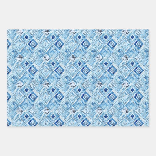 Boho Blauw Wit Bloemen Harten Abstract Inpakpapier Vel (Voorkant 3)
