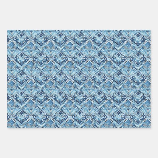 Boho Blauw Wit Bloemen Harten Abstract Inpakpapier Vel (Voorkant)