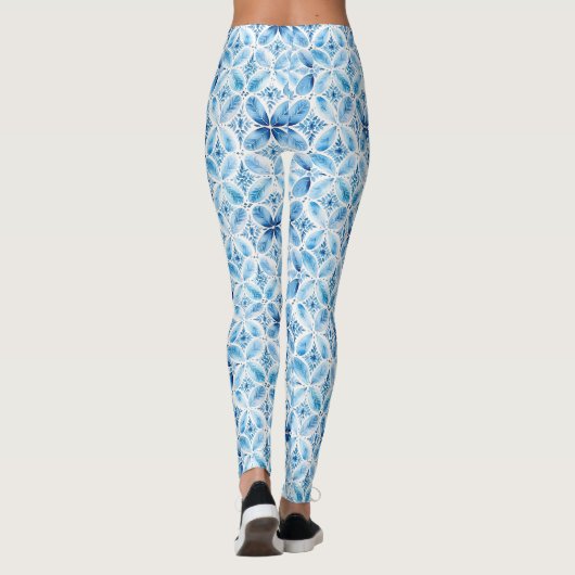 Boho Blauw Wit Bloemen Leggings (Achterkant)