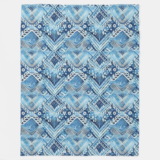 Boho Blauw Wit Bloemhartens Abstract Fleece Deken (Voorkant)