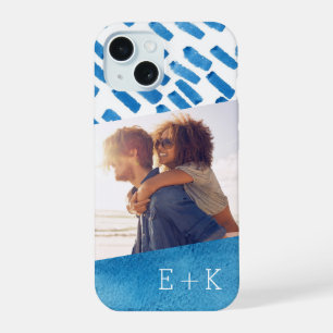 Boho Blauwe Aquarel Abstract Persoonlijke Foto iPhone 15 Case