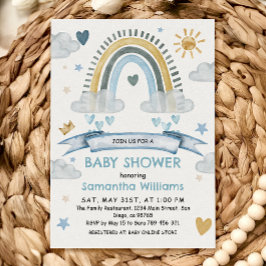 Boho Blauwe Aquarel Regenboog Baby Shower Kaart
