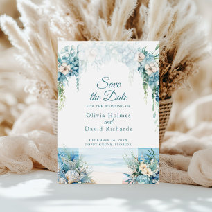 Boho Blauwe Bloem Boog Strand Bewaar de Datum Kaar Save The Date