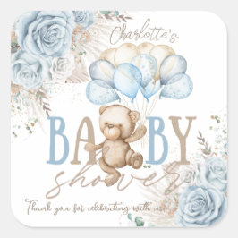 Boho Blauwe Bloem Pampas Teddybeer Jongens Baby Sh Vierkante Sticker