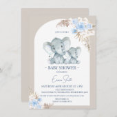 Boho Blauwe Bloemboog Olifant Baby Shower Kaart (Voorkant / Achterkant)