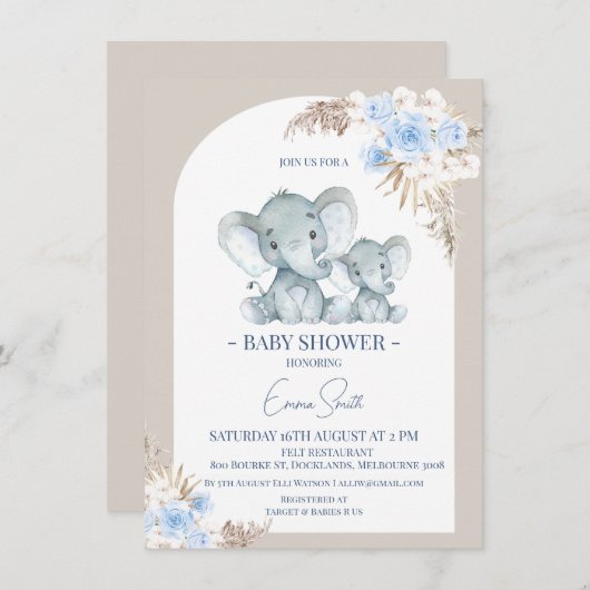 Boho Blauwe Bloemboog Olifant Baby Shower Kaart (Voorkant / Achterkant)
