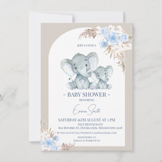 Boho Blauwe Bloemboog Olifant Baby Shower Kaart (Voorkant)