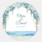 Boho Blauwe Bloemboog Strand Bruiloft Ronde Sticker (Voorkant)