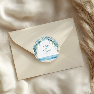 Boho Blauwe Bloemboog Strand Bruiloft Ronde Sticker