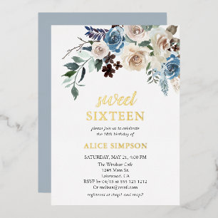 Boho Blauwe Bloemen Gedroogde Bladeren Sweet 16 Fo Folie Uitnodiging
