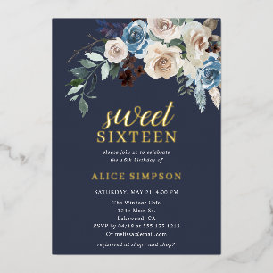Boho Blauwe Bloemen Gedroogde Bladeren Sweet 16 Folie Uitnodiging