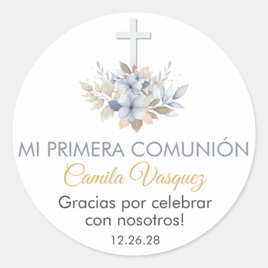 Boho Blauwe Bloemen in Spaanse Eerste Heilige Comm Ronde Sticker (Voorkant)