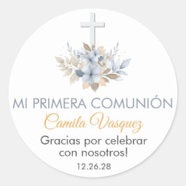 Boho Blauwe Bloemen in Spaanse Eerste Heilige Comm Ronde Sticker