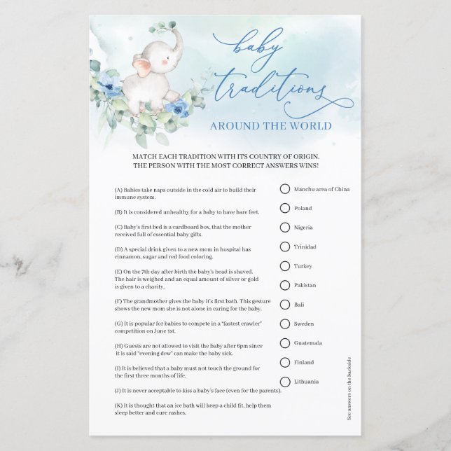 Boho blauwe bloemen jongen olifant Baby Tradities (Voorkant)