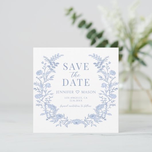 Boho blauwe bloemen Save the Date foto uitnodiging (Staand voorkant)