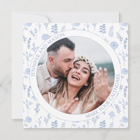 Boho blauwe bloemen Save the Date foto uitnodiging (Achterkant)