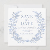 Boho blauwe bloemen Save the Date foto uitnodiging (Voorkant)