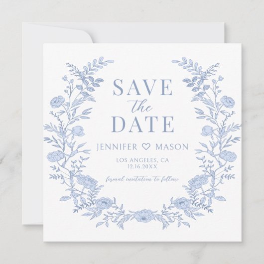 Boho blauwe bloemen Save the Date foto uitnodiging (Voorkant)