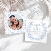 Boho blauwe bloemen Save the Date foto uitnodiging